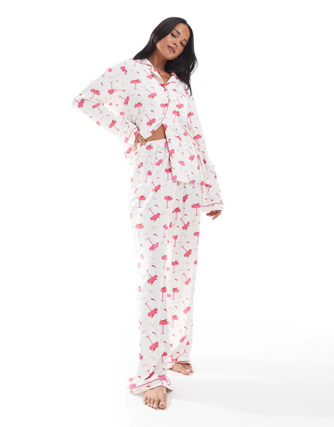  Loungeable Pijama De Pantalones De Pernera Ancha Y Top Con Cuello De Solapas, Estampado De Margaritas Con Guindilla Y Detalle De Ribetes De Punto Liso Muy Suave De Loungeable-multicolor 