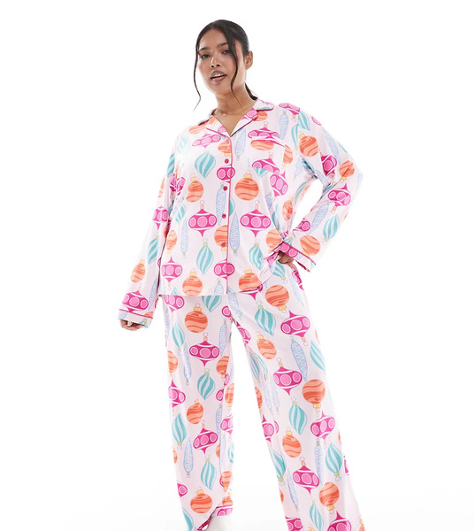  Loungeable Pijama De Pantalones De Pernera Ancha Y Top Con Estampado De Adornos De Navidad Y Cuello De Solapas De Tejido Suave De Punto Liso De Loungeable Curve-multicolor 