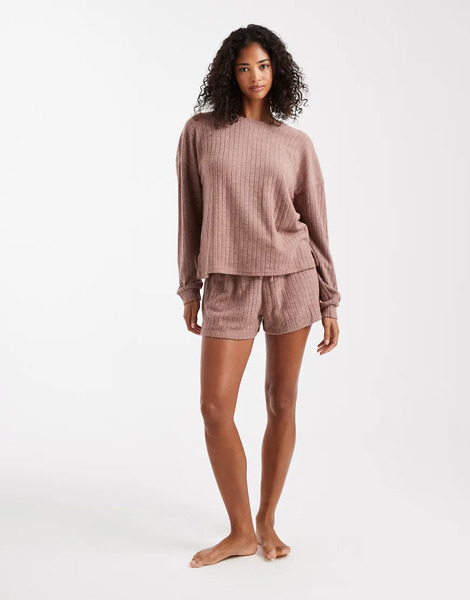  Loungeable Pijama Marrón Moca Jaspeado De Pantalones Cortos Y Jersey Con Cuello Redondo De Punto Supersuave De Loungeable-brown 
