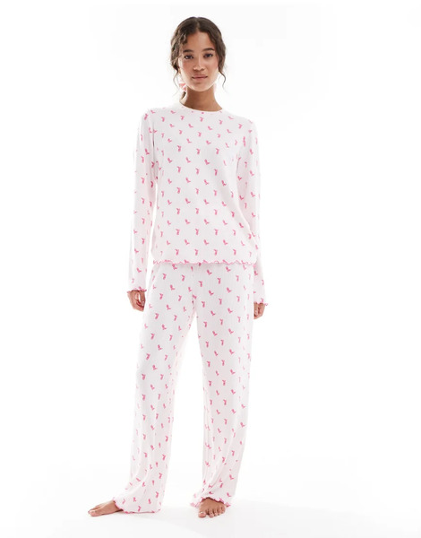  Loungeable Pijama Rosa Jaspeado Con Estampado De Botas De Cowboy De Pantalones Y Top De Manga Larga De Canalé Cepillado De Loungeable 