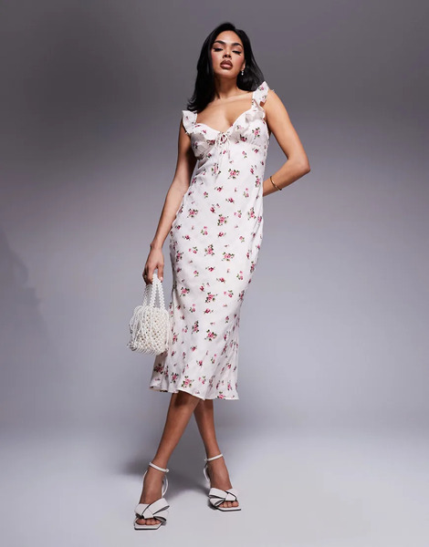  Love Triangle Vestido Midi A Cuadros Con Estampado Floral, Cuello De Pico Y Volantes De Tejido Texturizado De Love Triangle-rosa 