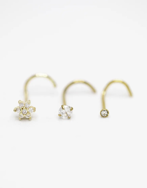  Lovisa Lovisa - Pack De 3 Pares De Pendientes De Botón Dorados Para La Nariz Triangulares Sin Rosca Con Diseño De Flor De Titanio Chapados En Oro 