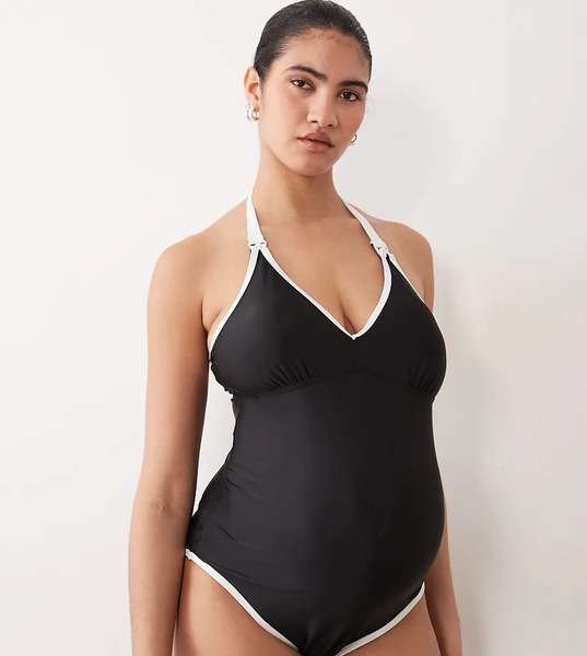  Mama.licious Bañador Negro Para Lactancia Con Detalle De Clip, Cuello Halter Y Ribetes En Contraste De Mamalicious Maternity 
