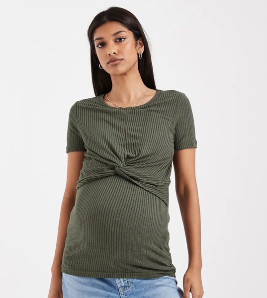  Mama.licious Camiseta Caqui Oscuro Con Detalle Retorcido En La Parte Delantera De Punto Acanalado De Mamalicious Maternity-verde 
