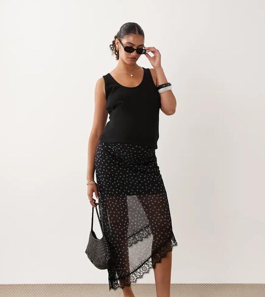  Mama.licious Mamalicious Maternity - Falda Premamá Negra Asimétrica Con Estampado De Lunares Blancos Y Ribete De Encaje De Satén-negro 