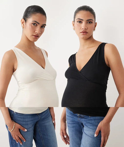  Mama.licious Mamalicious Maternity - Pack De 2 Camisetas De Color Negro Y Crema Con Diseño Cruzado Para Lactancia-blanco 