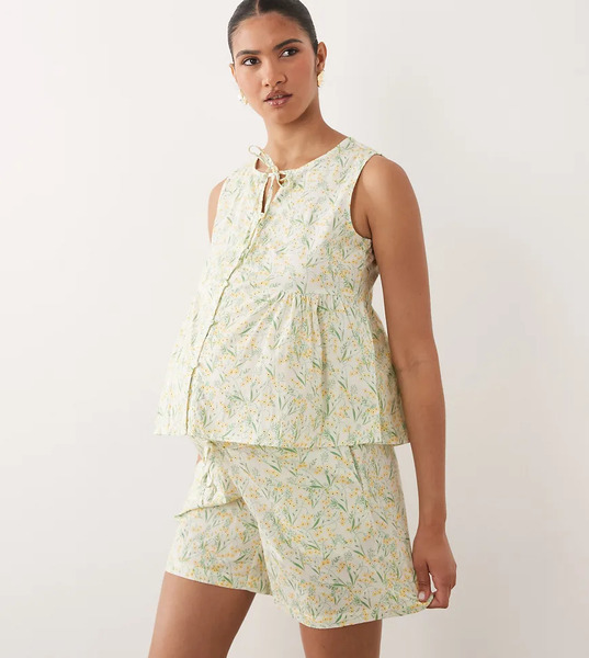  Mama.licious Mamalicious Maternity - Pantalones Cortos Amarillos Con Estampado Floral Pequeño Y Cordón Ajustable (parte De Un Conjunto)-blanco 