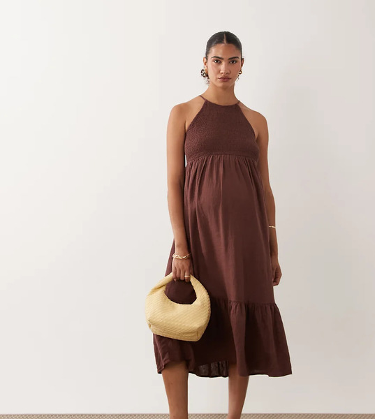  Mama.licious Mamalicious Maternity - Vestido Midi Marrón Chocolate De Tirantes Con Falda Escalonada Y Cuerpo Fruncido 