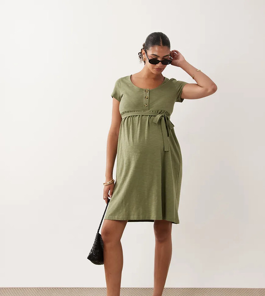  Mama.licious Mamalicious Maternity - Vestido Midi Verde Oliva Con Botones En La Parte Delantera Y Lazada En La Cintura 