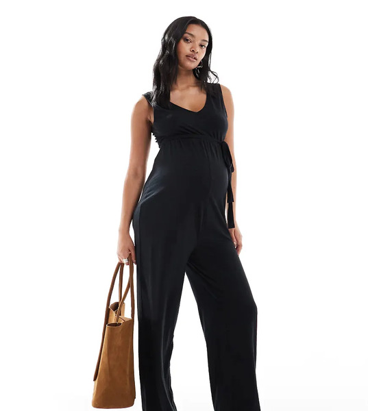  Mama.licious Mono Largo Negro De Pernera Ancha Con Cuello De Pico Y Lazada En La Cintura De Pernera Ancha De Mamalicious Maternity 
