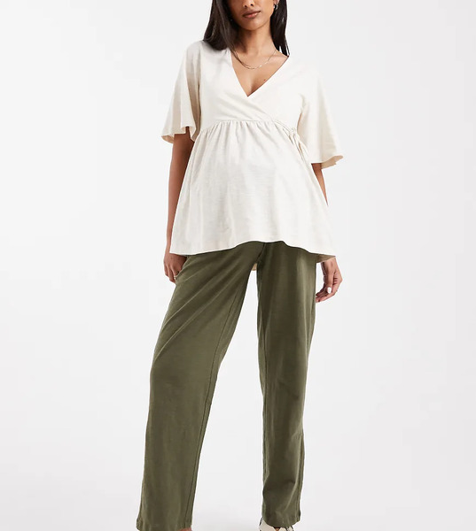  Mama.licious Pantalones Caqui Oscuro De Pernera Ancha Con Diseño Por Debajo Del Vientre De Tejido Ligero Veraniego De Mamalicious Maternity-verde 