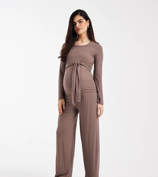  Mama.licious Pantalones Marrón Claro De Pernera Ancha De Punto Liso Acanalado De Mamalicious Maternity (parte De Un Conjunto)-brown 