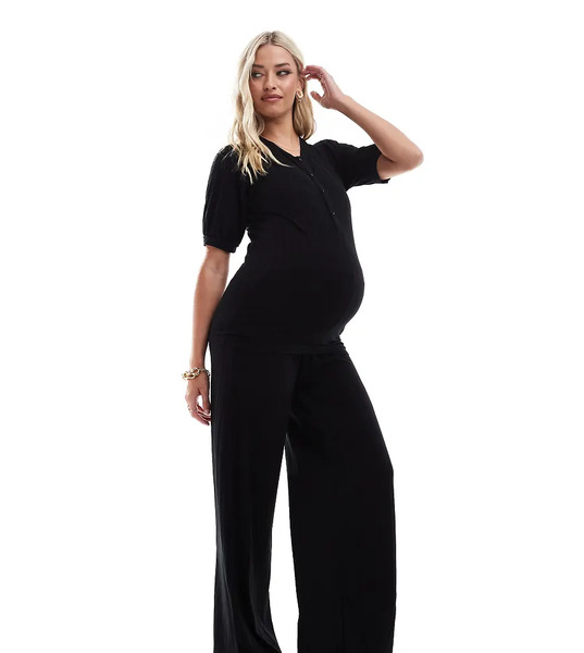  Mama.licious Pantalones Negros De Pernera Ancha Con Banda Por Encima Del Vientre De Canalé De Mamalicious Maternity (parte De Un Conjunto) 