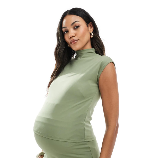  Mama.licious Top Verde Liquen Con Mangas De Casquillo Y Cuello Barco De Punto Liso De Mamalicious (parte De Un Conjunto) 