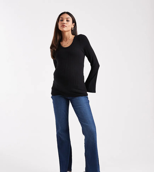  Mama.licious Vaqueros De Campana Con Lavado Azul Oscuro Medio Con Banda Suave Por Encima Del Vientre De Mamalicious Maternity 