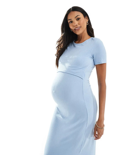  Mama.licious Vestido Largo Azul De Manga Corta Con Capa Superpuesta De Lactancia De Punto Liso De Mamalicious Maternity 