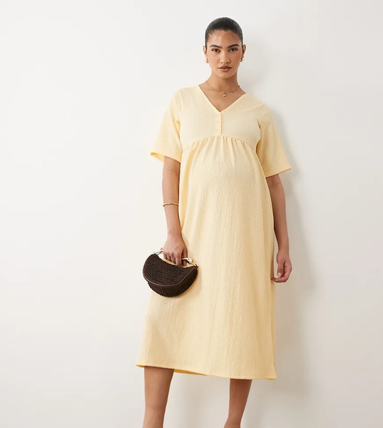  Mama.licious Vestido Midi Amarillo De Manga Corta Para Lactancia Con Detalle De Botones De Punto Texturizado De Mamalicious Maternity 