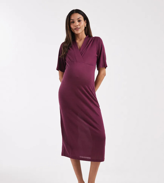  Mama.licious Vestido Midi Burdeos De Manga Corta Con Parte Delantera Cruzada De Punto Liso De Mamalicious Maternity-rojo 