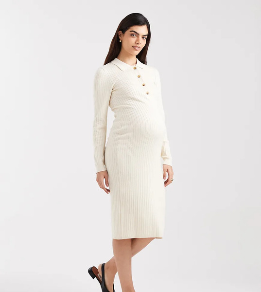  Mama.licious Vestido Midi Color Crema De Manga Larga Con Diseño Doble Para Lactancia Y Botones Delanteros De Canalé De Mamalicious Maternity-blanco 