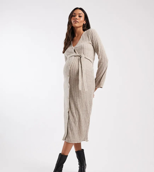  Mama.licious Vestido Midi Color Crema Jaspeado Con Lazada En La Cintura De Punto Acanalado Ultrasuave De Mamalicious Maternity-blanco 