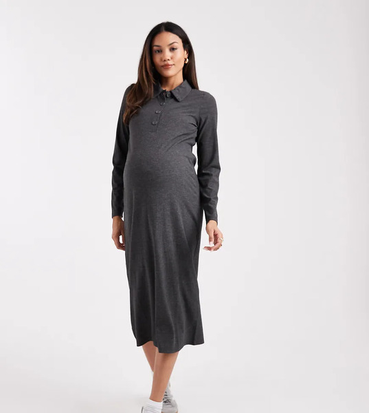  Mama.licious Vestido Midi Gris Jaspeado Con Cuello Tipo Polo Y Diseño Apto Para Lactancia De Punto Acanalado De Mamalicious Maternity 