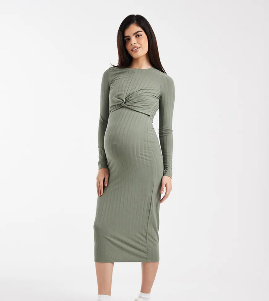  Mama.licious Vestido Midi Verde Claro De Manga Larga Con Diseño De 2 Funciones Para Lactancia De Canalé De Mamalicious Maternity 