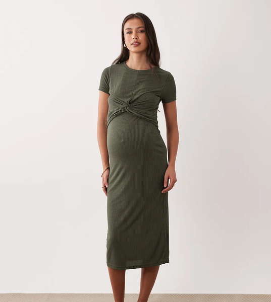  Mama.licious Vestido Midi Verde De Manga Corta Con Detalle Anudado Y Diseño Para Lactancia De Mamalicious Maternity 