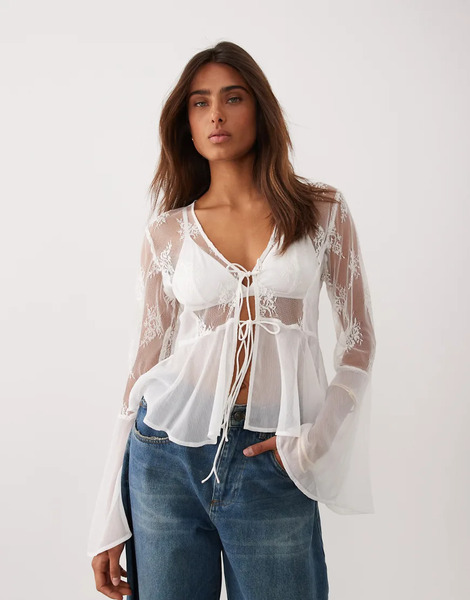  Miss Selfridge Blusa Blanca Con Volantes Y Lazadas Delanteras De Mezcla De Encaje Y Chifón De Miss Selfridge-blanco 
