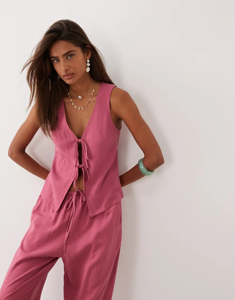  Miss Selfridge Chaleco De Traje Color Frambuesa Con Lazadas Delanteras De Tejido Efecto Lino De Miss Selfridge-rosa 