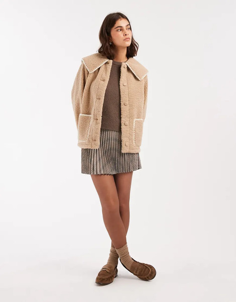 Miss Selfridge Chaqueta Color Camel De Borreguito Con Cuello De Solapas Y Pespuntes De Punto Festón De Miss Selfridge-neutro 