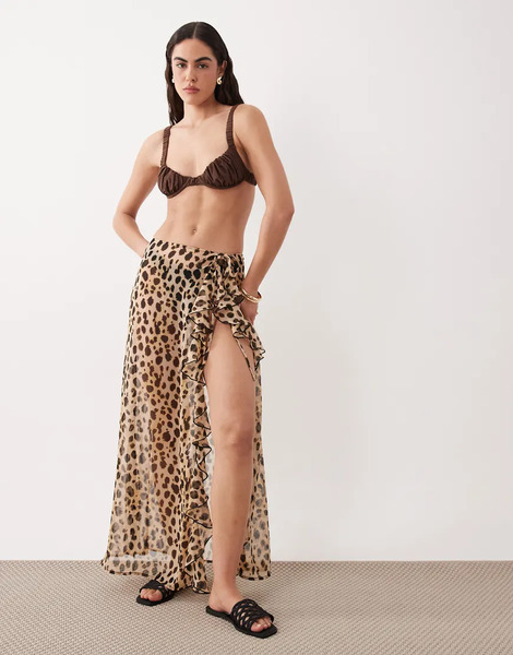  Miss Selfridge Miss Selfridge - Pareo Playero Con Estampado De Leopardo, Detalle De Lazada Y Volante De Chifón Transparente-multicolor 