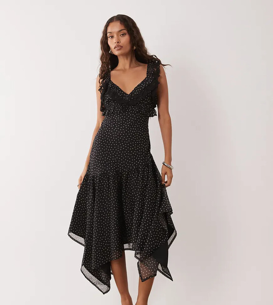  Miss Selfridge Petite Vestido Largo De Chifón Con Estampado De Lunares, Volantes Y Bajo Asimétrico De Miss Selfridge Petite-multicolor 