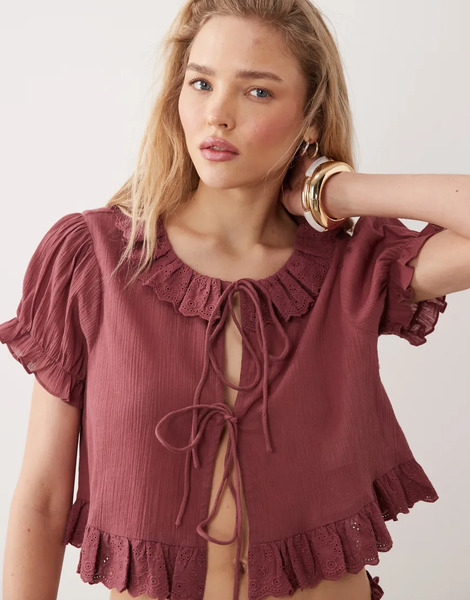  Miss Selfridge Prenda De Playa Burdeos De Manga Corta Con Volante Y Lazada Delantera De Miss Selfridge (parte De Un Conjunto)-sin Color 