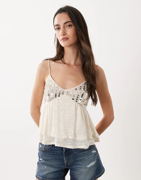  Miss Selfridge Miss Selfridge - Top Color Crema De Tirantes Y Estilo Babydoll Con Detalle De Lentejuelas Para Festivales-blanco 