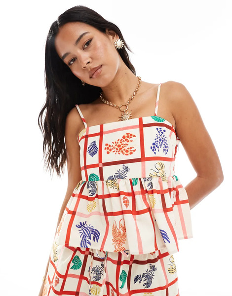  Miss Selfridge Top De Tirantes Estilo Babydoll Con Estampado De Langostas De Mezcla De Lino De Miss Selfridge (parte De Un Conjunto)-multicolor 