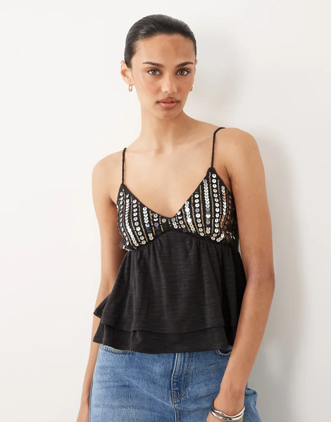 Miss Selfridge Miss Selfridge - Top Gris Carbón De Tirantes Estilo Babydoll Con Detalle De Lentejuelas Para Festivales 