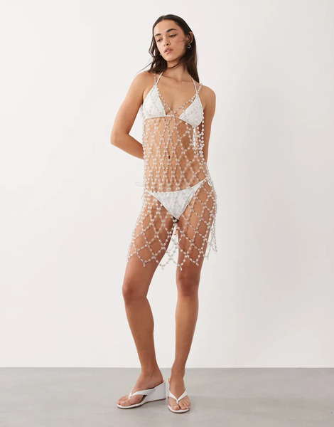  Miss Selfridge Vestido Playero Corto Transparente Con Espalda Desbocada Y Abalorios Premium De Miss Selfridge-plateado 