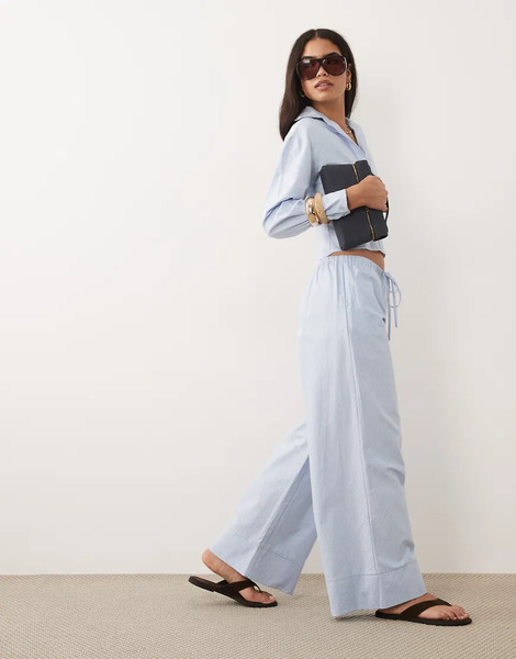  Missyempire Missy Empire - Pantalones Azules De Pernera Ancha Con Raya Diplomática Y Lazada En La Cintura De Tejido Rico En Algodón (parte De Un Conjunto) 