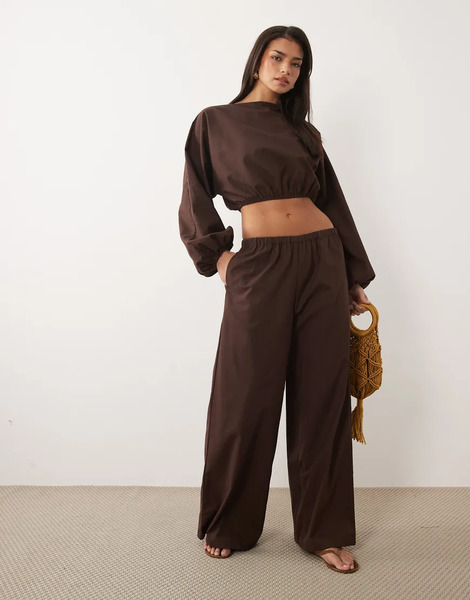  Missyempire Missy Empire - Pantalones Marrón Chocolate De Pernera Ancha Con Cinturilla Elástica De Mezcla De Lino (parte De Un Conjunto) 