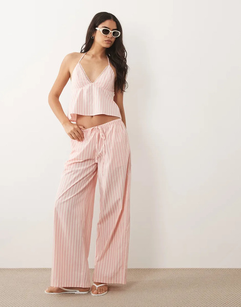  Missyempire Missy Empire - Pantalones Rosas A Rayas De Pernera Ancha Con Cinturilla Elástica De Mezcla De Algodón (parte De Un Conjunto) 