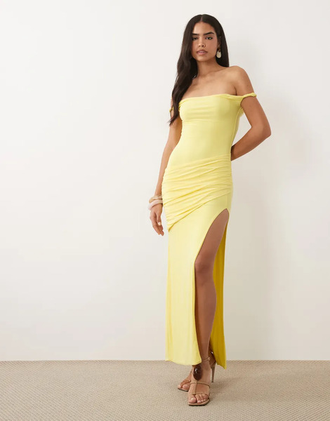  Missyempire Missy Empire - Vestido Largo Amarillo Limón Ceñido Con Diseño Moldeado Doble, Escote Bardot Retorcido, Drapeado En La Parte Delantera Y Abertura Hasta El Muslo 