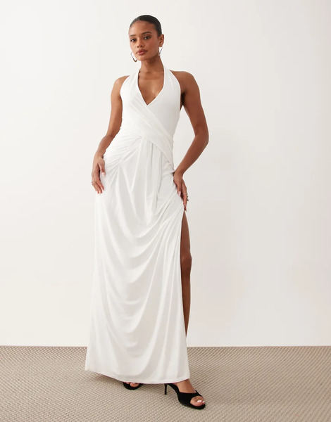 Missyempire Missy Empire - Vestido Largo Blanco Cruzado Con Cuello Halter Y Detalle Drapeado En La Parte Delantera 