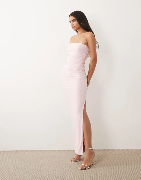  Missyempire Missy Empire - Vestido Largo Rosa Ceñido Con Escote Palabra De Honor Y Detalle Fruncido En La Cintura De Tejido Ajustado Doble 