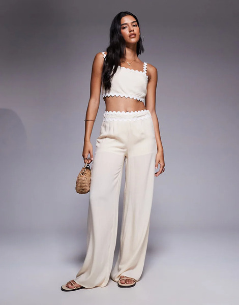 Missyempire Pantalones Beis De Pernera Ancha Con Ribete Festoneado En La Cintura De Algodón De Missyempire (parte De Un Conjunto)-neutro 