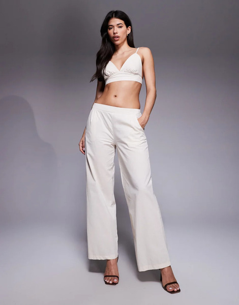  Missyempire Pantalones Color Crema De Pernera Ancha Con Cintura Elástica De Tejido Efecto Lino De Missy Empire (parte De Un Conjunto)-blanco 