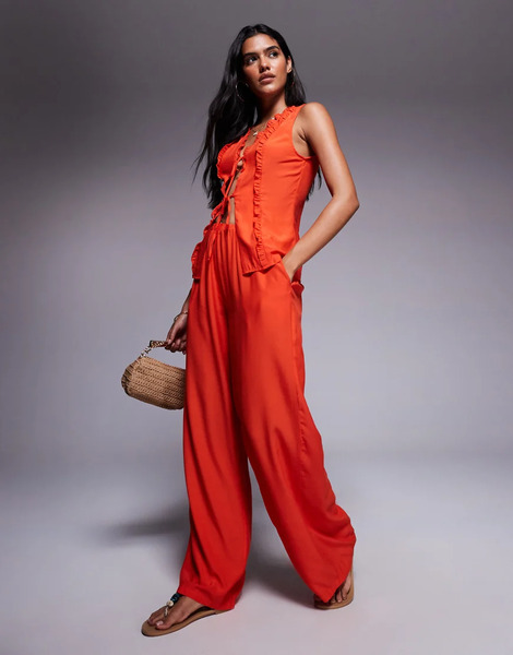  Missyempire Pantalones Naranjas De Pernera Ancha Con Cinturilla Elástica De Missyempire (parte De Un Conjunto)-rojo 
