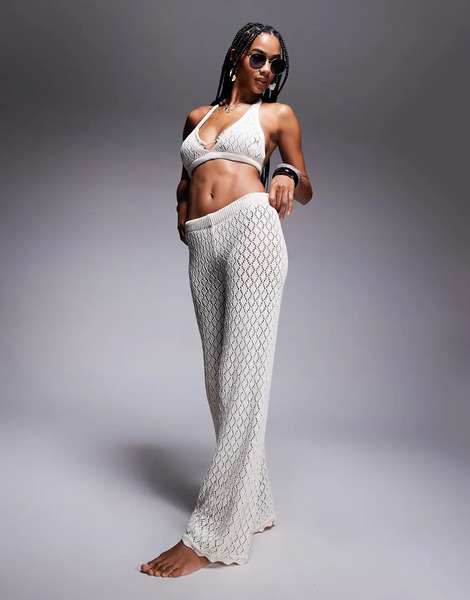  Missyempire Pantalones Playeros Color Crema De Talle Alto Y Pernera Ancha De Punto De Missy Empire (parte De Un Conjunto)-blanco 