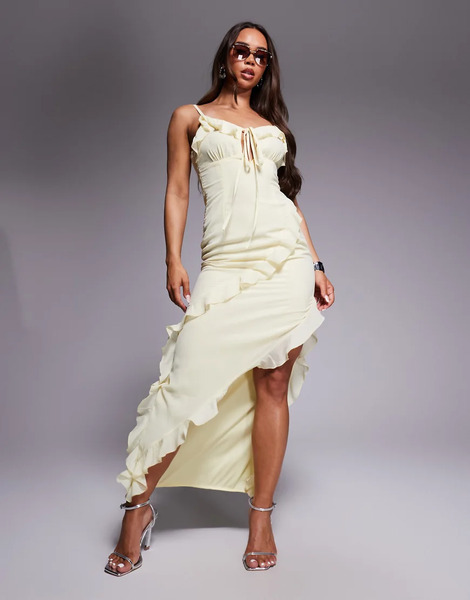  Missyempire Vestido Largo Amarillo De Tirantes Con Ribete De Volante, Bajo Asimétrico Y Abertura Lateral De Missyempire 