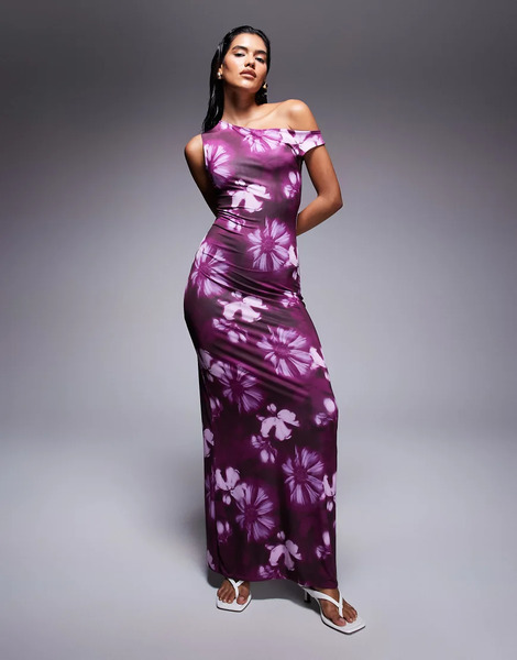  Missyempire Vestido Largo Morado Ceñido Y Asimétrico Con Estampado Floral Difuminado Y Hombro Caído De Tejido Doble De Missyempire 