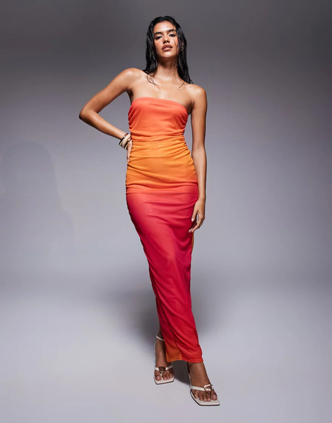  Missyempire Vestido Largo Naranja Degradado Con Escote Palabra De Honor Y Detalle Fruncido En El Lateral De Malla De Missyempire 